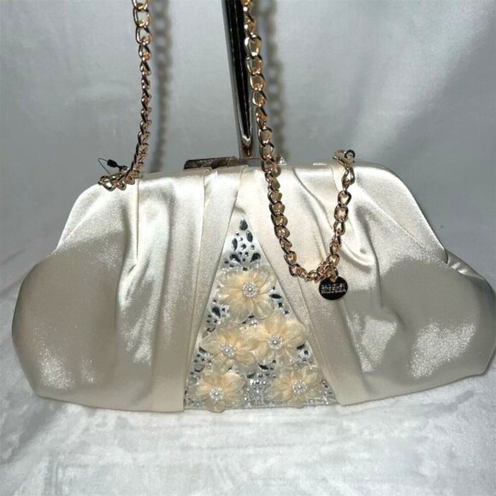 Badgley Mischka Bridal Clutch Off White Floral Embellished Wedding Purse